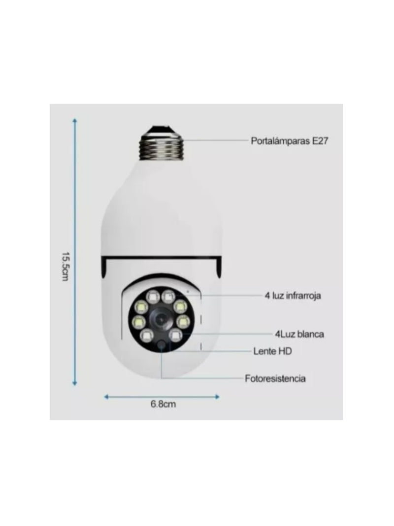 Cámara De Seguridas WiFI 360 Giratoria Tipo Foco, Visión Nocturna con LEDs y Hd 1080p